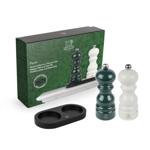 PEUGEOT DUO MILLS FOREST GREEN AND IVORY WITH BAMBOO TRAY 15 CM